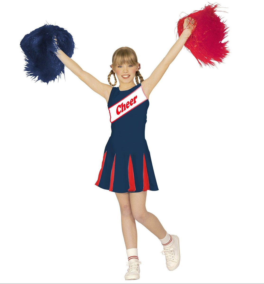 Cheerleader Kostuum | Amerikaanse Cheerleader Blauw / Rood | Meisje | Maat 116 | Carnaval kostuum | Verkleedkleding